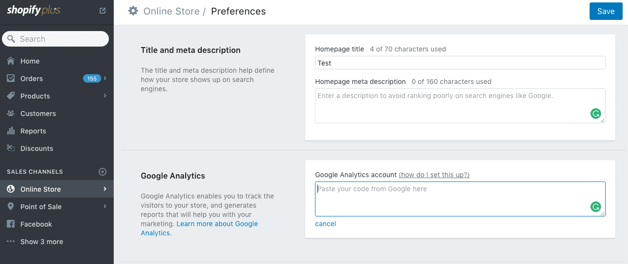 Shopify Online Preferences section: Google Analytics and Shopify